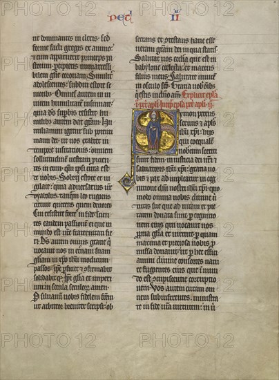 Initial S: Saint Peter with a Key; Lille, France; about 1260 - 1270; Tempera, gold leaf, and pen and black ink on parchment