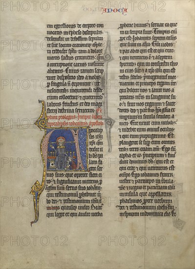 Initial A: Saint John Kneeling in Prayer before his Apocalyptic Vision of Christ Enthroned; Lille, France; about 1260 - 1270