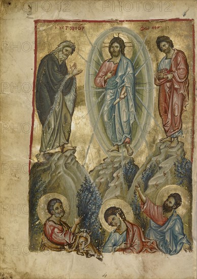 The Transfiguration; Nicaea, Turkey; early 13th century - late 13th century; Tempera colors and gold leaf on parchment; Leaf