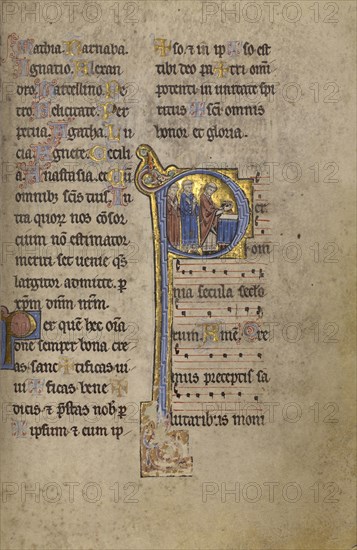 Initial P: A Priest and Two Deacons before an Altar; Lyon, France; begun after 1234 - completed before 1262; Tempera colors