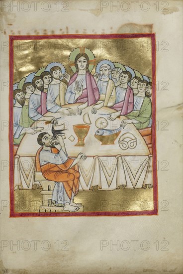 The Last Supper; Regensburg, Bavaria, Germany; about 1030 - 1040; Tempera colors, gold leaf, and ink on parchment; Leaf