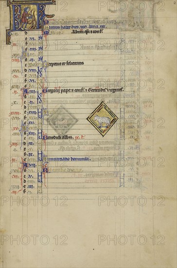 A Man Cutting Vines; Zodiacal Sign of Aries; Paris, France; about 1250 - 1260; Tempera colors, gold leaf, and ink on parchment