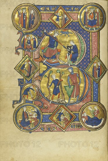Initial B: David Playing the Harp and David and Goliath; Paris, France; about 1250 - 1260; Tempera colors, gold leaf, and ink