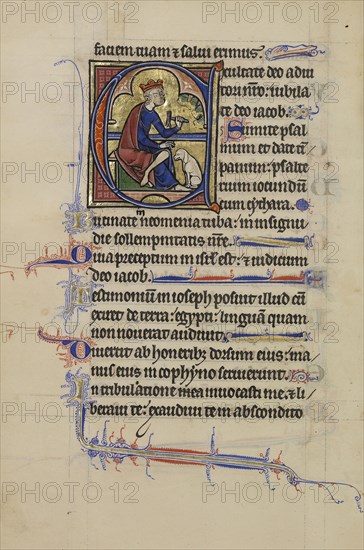 Initial E: David Playing the Bells; Paris, France; about 1250 - 1260; Tempera colors, gold leaf, and ink on parchment; Leaf