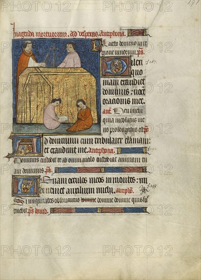 Monks Praying for a Deceased; or Bourges, France; about 1390; Tempera colors, gold leaf, and ink on parchment; Leaf