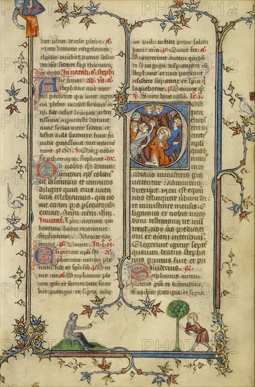 Initial P: The Stoning of Saint Stephen; Paris, France; about 1320–1325; Tempera colors, gold leaf, and ink on parchment; Leaf