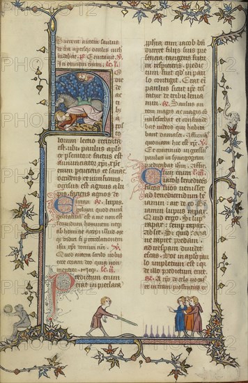 Initial H: The Conversion of Saint Paul; Paris, France; about 1320 - 1325; Tempera colors, gold leaf, and ink on parchment; Leaf