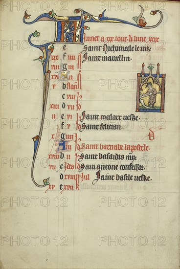 A Man Mowing; Northeastern France, France; about 1300; Tempera colors, gold leaf, and ink on parchment; Leaf: 26.4 x 18.3 cm