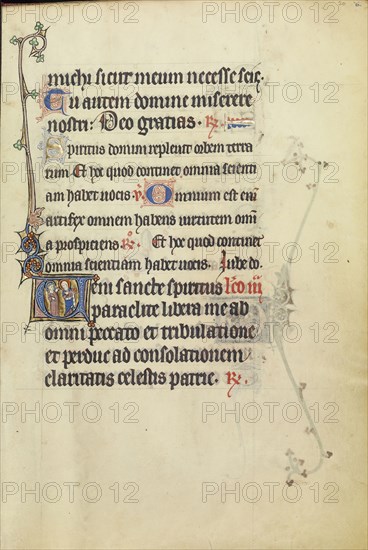 Initial V: A Male Saint and a Female Saint in Conversation; Northeastern France, France; about 1300; Tempera colors, gold leaf