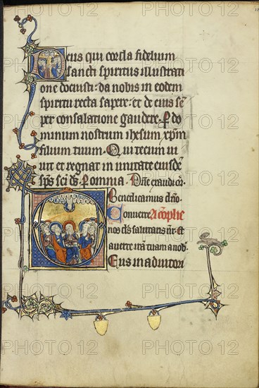 Initial D: The Ascension; Initial D: Pentecost; Northeastern France, France; about 1300; Tempera colors, gold leaf, and ink