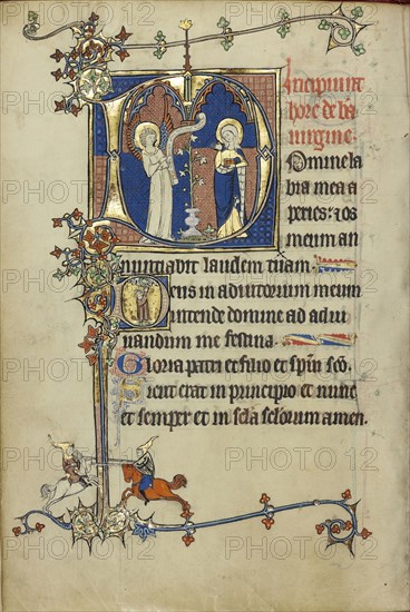 Initial D: The Annunciation; Initial D: A Young Man Praying to Christ in the Clouds; Northeastern France, France; about 1300