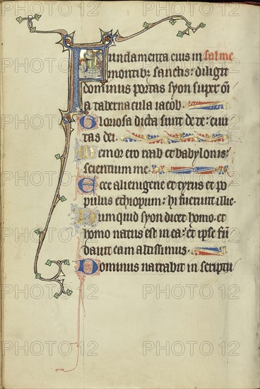 Initial F: The Nativity; Northeastern France, France; about 1300; Tempera colors, gold leaf, and ink on parchment; Leaf