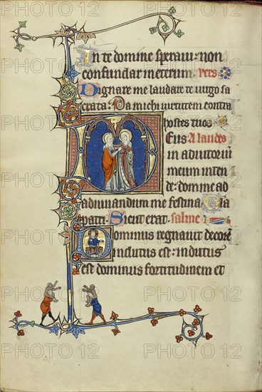 Initial D: The Visitation; Initial D: The Lord Enthroned; Northeastern France, France; about 1300; Tempera colors, gold leaf