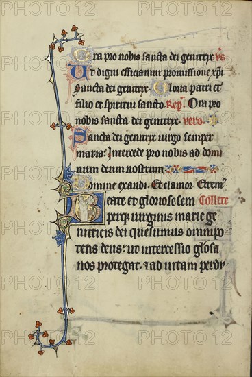 Initial B: A Deacon Carrying a Book; Northeastern France, France; about 1300; Tempera colors, gold leaf, and ink on parchment