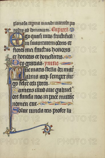 Initial E: A Female Saint, Mary?, with a Book and Flowers; Initial A: The Annunciation; Northeastern France, France; about 1300