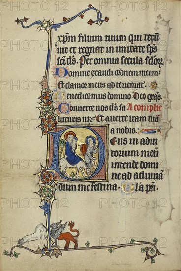 Initial D: The Flight into Egypt; Northeastern France, France; about 1300; Tempera colors, gold leaf, and ink on parchment; Leaf