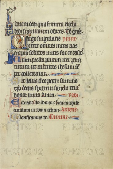 Initial V: A Crowned Female Saint with a Book and a Martyr's Palm; Northeastern France, France; about 1300; Tempera colors, gold