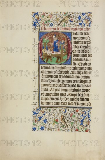 Initial O: The Martyrdom of Saint Erasmus; Master of the Llangattock Hours, Flemish, active about 1450 - 1460, Bruges