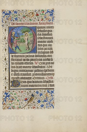 Initial O: The Martyrdom of Saint Sebastian; Master of the Llangattock Hours, Flemish, active about 1450 - 1460, Bruges