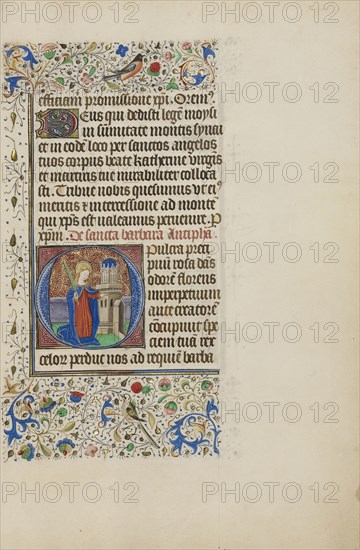 Initial O: Saint Barbara before a Tower; Master of the Llangattock Hours, Flemish, active about 1450 - 1460, Bruges