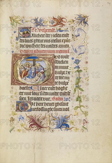 Initial G: The Deposition; Brabant, possibly, Flanders, Belgium; after 1460; Tempera colors, gold leaf, and ink on parchment
