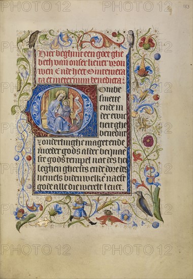 Initial O: The Virgin and Child Enthroned; Brabant, possibly, Flanders, Belgium; after 1460; Tempera colors, gold leaf, and ink