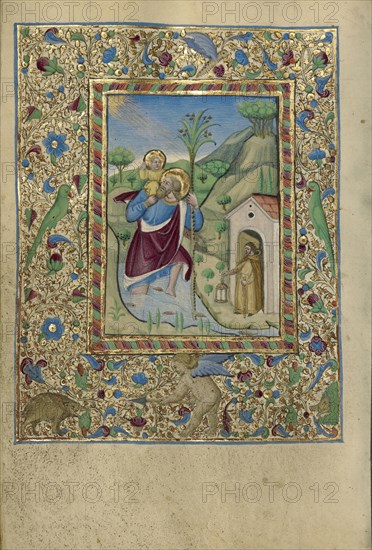 Saint Christopher Carrying the Christ Child; Naples, Campania, Italy; about 1460; Tempera colors, gold, and ink on parchment