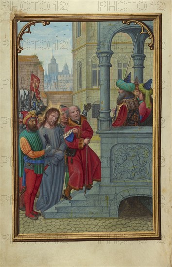 Christ before Pilate; Simon Bening, Flemish, about 1483 - 1561, Bruges, Belgium; about 1525 - 1530; Tempera colors, gold paint