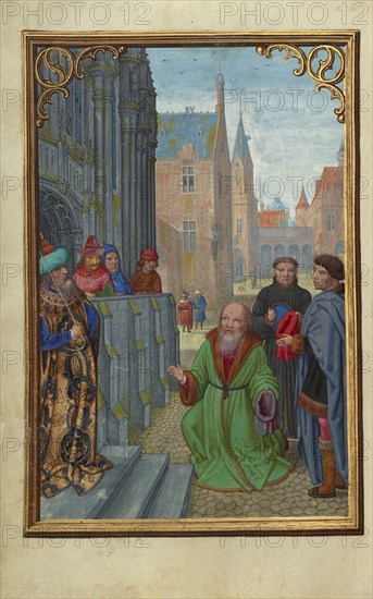 Joseph of Arimathea Before Pilate; Simon Bening, Flemish, about 1483 - 1561, Bruges, Belgium; about 1525–1530; Tempera colors