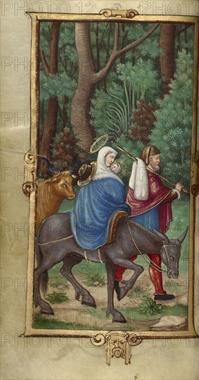 The Flight into Egypt; Paris, France; 1544; Tempera colors and gold paint on uterine parchment; Leaf: 14.3 x 8.1 cm