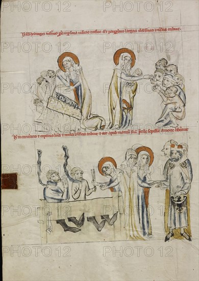 Hedwig Caring for the Sick; Hedwig Caring for Prisoners; Unknown maker; Silesia, Poland; 1353; Tempera colors, colored washes