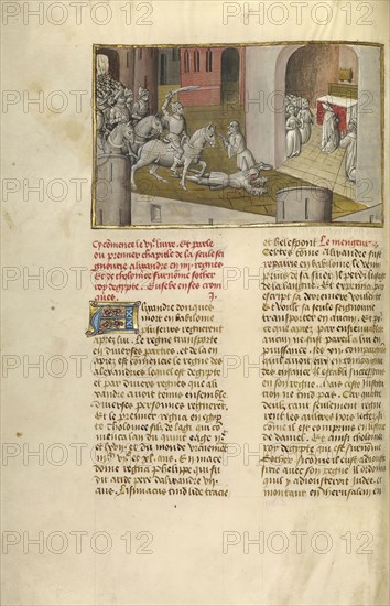 King Ptolemaios Soter Invading Jerusalem; Ghent, Belgium; about 1475; Tempera colors, gold leaf, and gold paint on parchment