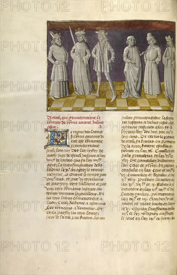 The Six Predecessors of Julius Caesar; Ghent, Belgium; about 1475; Tempera colors, gold leaf, and gold paint on parchment; Leaf