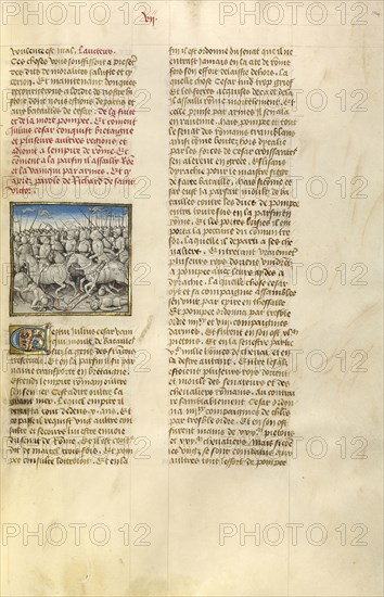 The Army of Pompeius Fleeing Julius Caesar; Ghent, Belgium; about 1475; Tempera colors, gold leaf, and gold paint on parchment