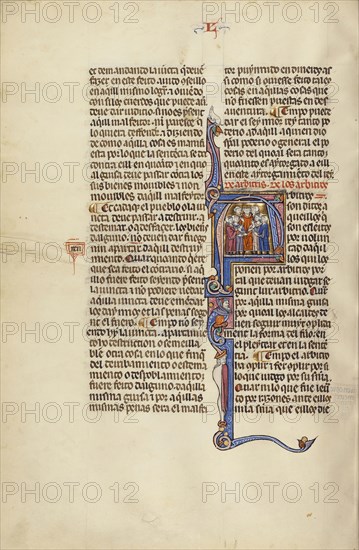 Initial A: A Judge Speaking to Two Groups; Unknown, Michael Lupi de Çandiu, Spanish, active Pamplona, Spain 1297 - 1305