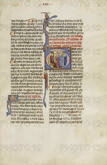 Initial T: Two Men and Two Witnesses before a Judge; Unknown, Michael Lupi de Çandiu, Spanish, active Pamplona, Spain 1297
