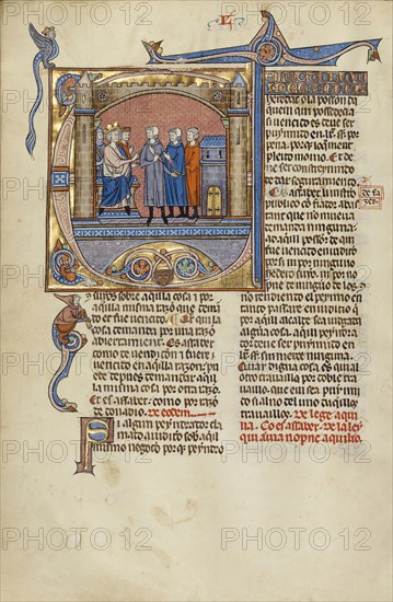 Initial D: Three Men before a Judge; Unknown, Michael Lupi de Çandiu, Spanish, active Pamplona, Spain 1297 - 1305, Northeastern