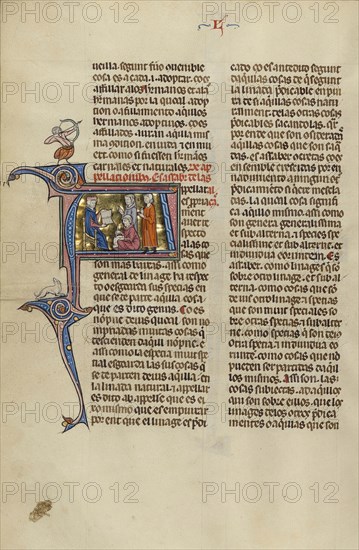 Initial A: Two Men Speaking before a Judge in the Presence of a Notary; Unknown, Michael Lupi de Çandiu, Spanish, active