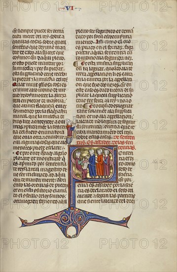 Initial S: Three Men Speaking before a Judge; Unknown, Michael Lupi de Çandiu, Spanish, active Pamplona, Spain 1297 - 1305