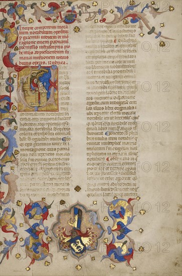 Initial U: Bust Portrait of Jeremias de Montagnone; Novella Master, Italian, active Padua, Italy 1396 - 1410, Venice, Veneto