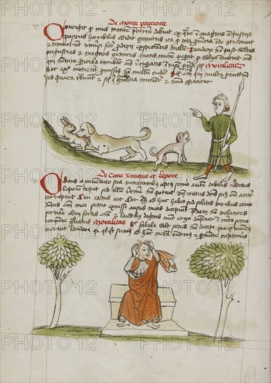 A Dog Biting a Hare and A Hunter Speaking to the Dog; A Man with a Tonsure About to Sit on a Fly; Trier, probably, Germany