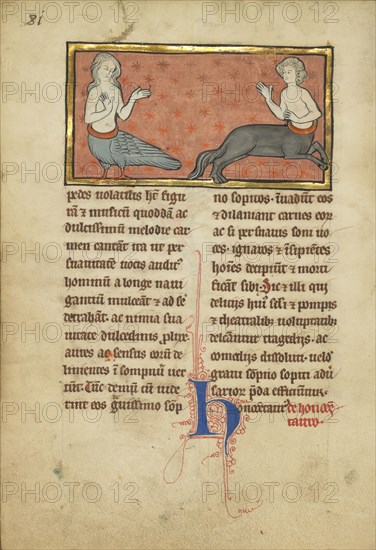 A Siren and a Centaur; Thérouanne ?, France, formerly Flanders, fourth quarter of 13th century, after 1277, Tempera colors