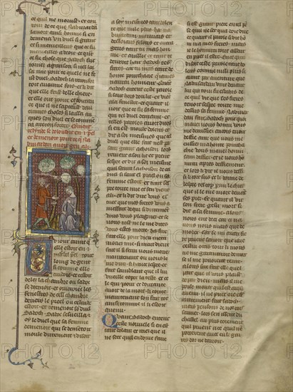 Naburzadan Speaking to Celynde; Paris, France; about 1320 - 1340; Tempera colors, gold paint, and silver and gold leaf