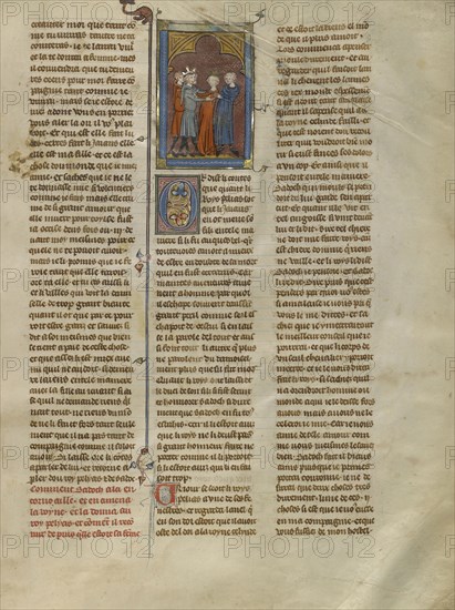 Sadoch Meeting King Pelias and the Queen; Paris, France; about 1320 - 1340; Tempera colors, gold paint, and silver and gold leaf