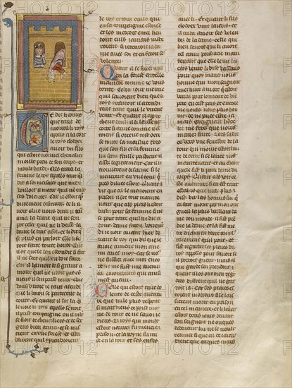 Queen Gloriande Throwing Herself from a Window; Paris, France; about 1320 - 1340; Tempera colors, gold paint, and silver