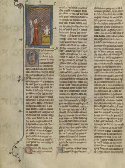 Queen of Ireland Restrained from Killing Tristan; Paris, France; about 1320 - 1340; Tempera colors, gold paint, and silver