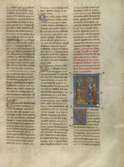 Palamedes before King Mark and Iseult; Paris, France; about 1320 - 1340; Tempera colors, gold paint, and silver and gold leaf