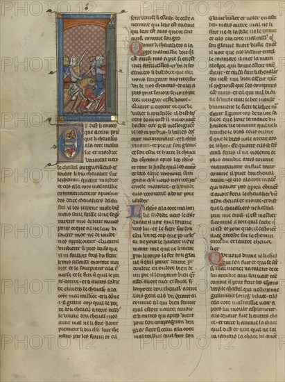 Mordret and Knight à la cote mal taillée Pursuing Two Knights; Paris, France; about 1320 - 1340; Tempera colors, gold paint
