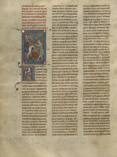 King Mark of Cornwall Meeting Tristan and the Shepherds; Paris, France; about 1320 - 1340; Tempera colors, gold paint