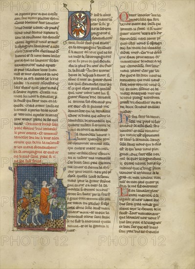 Lancelot Rescuing a Demoiselle from Brehus sans Pitié; Jeanne de Montbaston, French, active about 1320 - 1355, Paris, France
